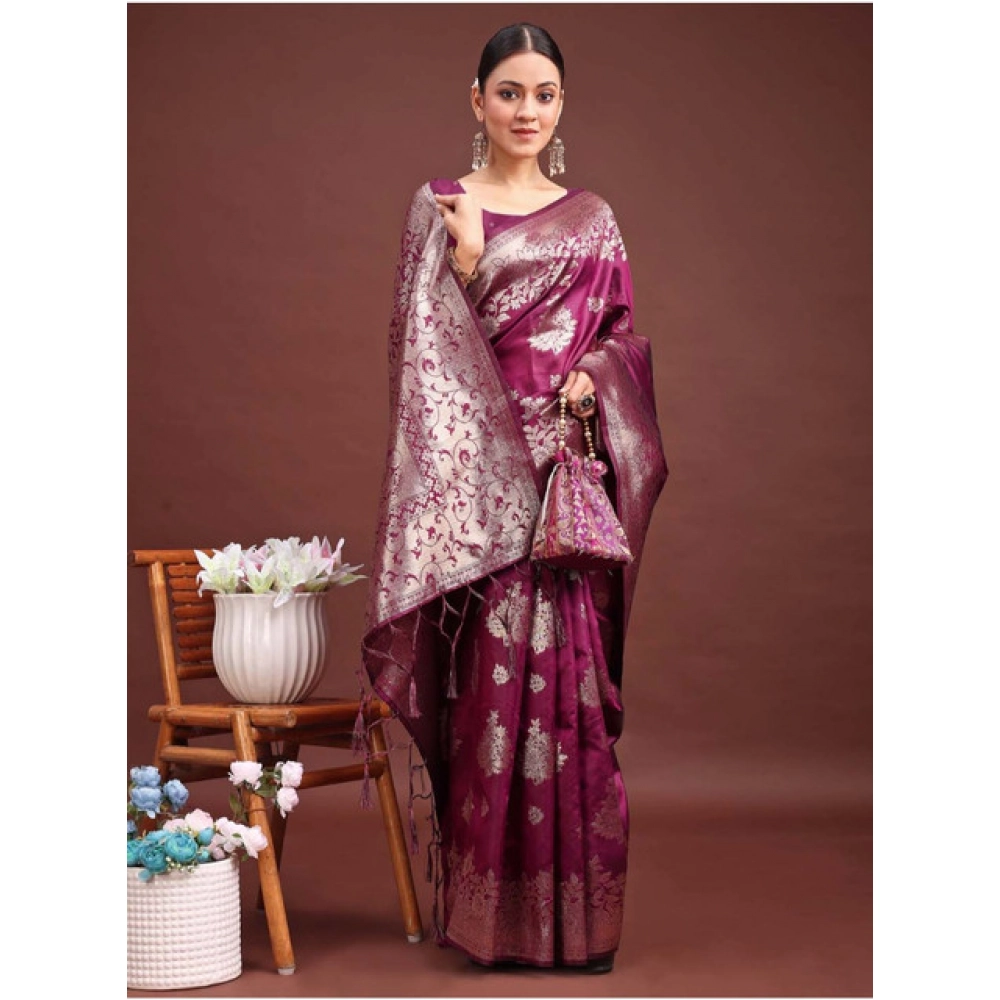 Women's Banarasi Silk Printed Saree With Unstitched Blouse 5.5Mtr (Purple) Women's Banarasi Silk Printed Saree With Unstitched Blouse 5.5Mtr (Purple)