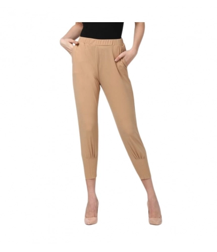 Women's Polyester Solid Elasticated Trousers (Beige)