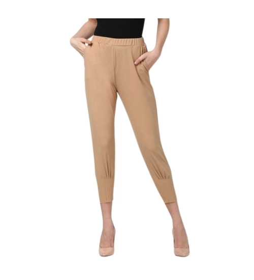 Women's Polyester Solid Elasticated Trousers (Beige)