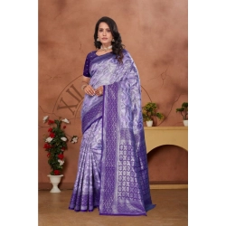 Women's Banarasi Silk Jaquard Woven Saree With Unstitched Blouse 5.5Mtr (Purple)