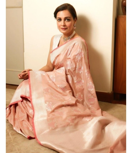 Women's Litchi silk Printed Saree With Unstitched Blouse (Peach)