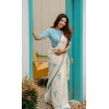 Women's Linen Printed Saree With Unstitched Blouse 5.5Mtr (White)