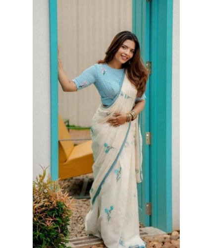 Women's Linen Printed Saree With Unstitched Blouse 5.5Mtr (White)