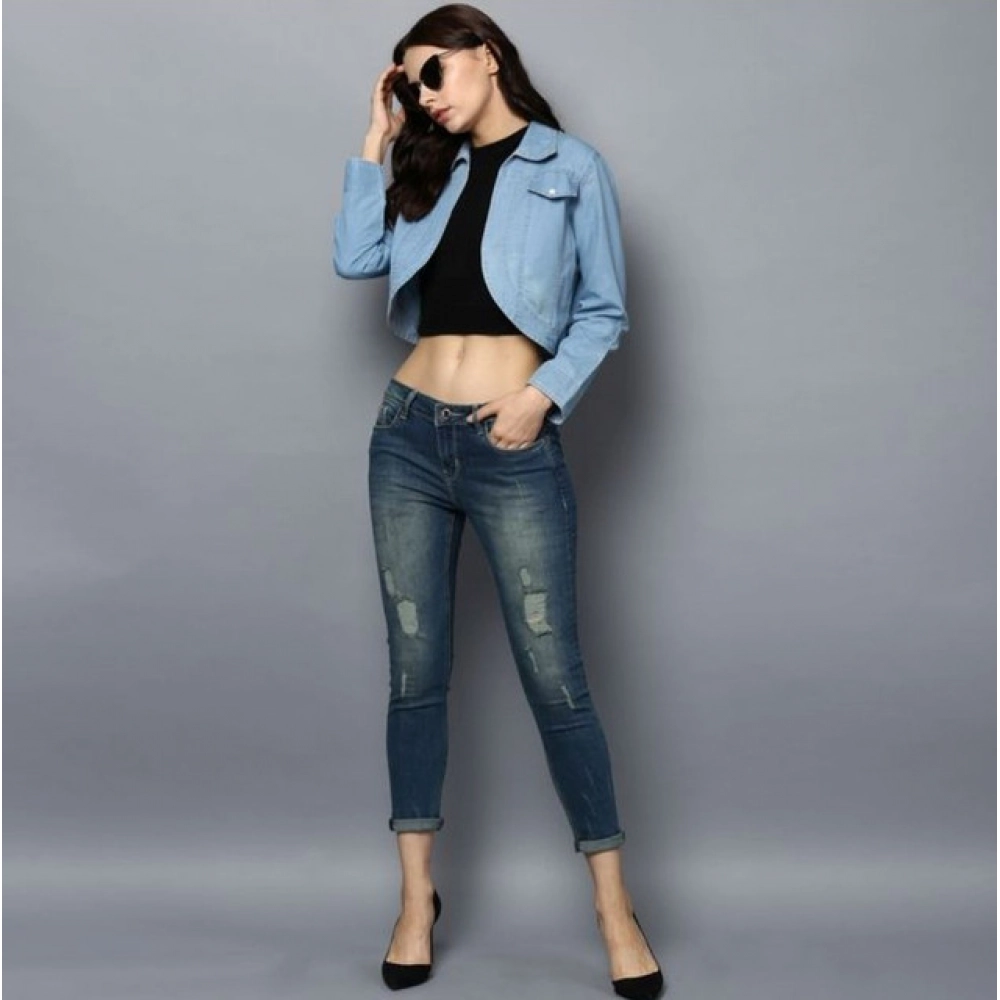 Women's Denim Solid 3-4th Sleeves Shrug (Blue)