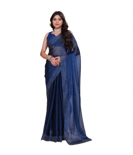 Women's Jimmy choo Embellished Bollywood Saree With Unstitched Blouse 5.5Mtr (Blue)