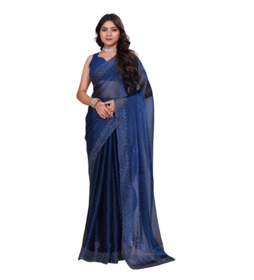 Women's Jimmy choo Embellished Bollywood Saree With Unstitched Blouse 5.5Mtr (Blue)