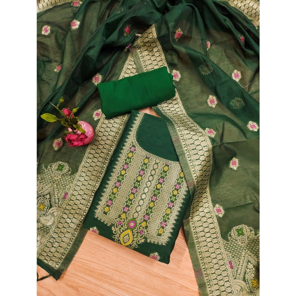 Women's Banarasi Silk Printed Unstitched Salwar Suit Material With Dupatta (Bottle Green, 3Mtrs)