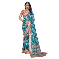 Women's Printed Cotton Linen Saree withPrinted  Saree With Unstitched Blouse (Peacook Green, 5-6Mtrs)