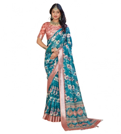 Women's Printed Cotton Linen Saree withPrinted  Saree With Unstitched Blouse (Peacook Green, 5-6Mtrs)