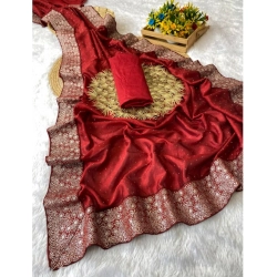 Women's Silk Embroidred Saree With Unstitched Blouse 5.5Mtr (Red)