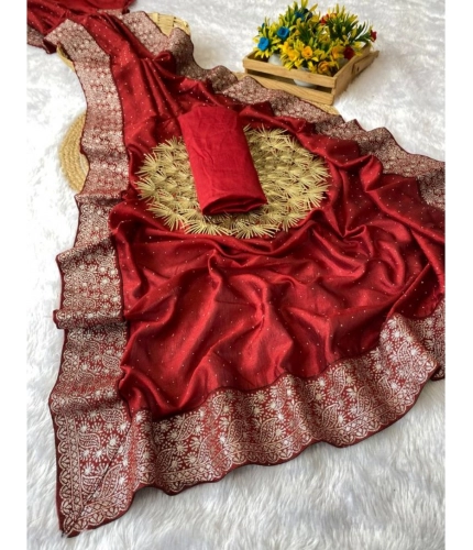 Women's Silk Embroidred Saree With Unstitched Blouse 5.5Mtr (Red)