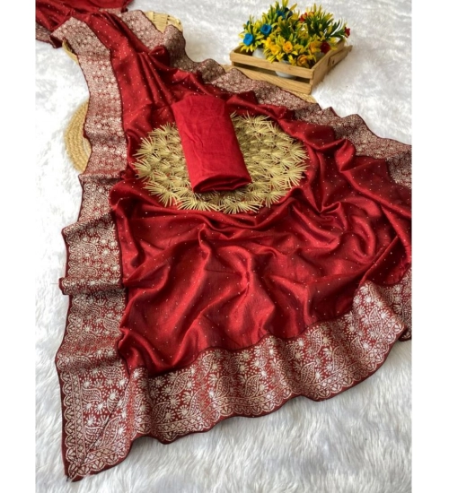 Women's Silk Embroidred Saree With Unstitched Blouse 5.5Mtr (Red)