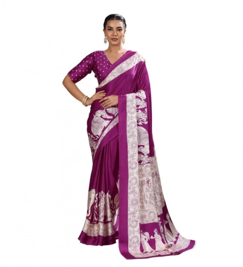Women's Satin Crepe Printed Saree With Unstitched Blouse 5.5Mtr (Purple)