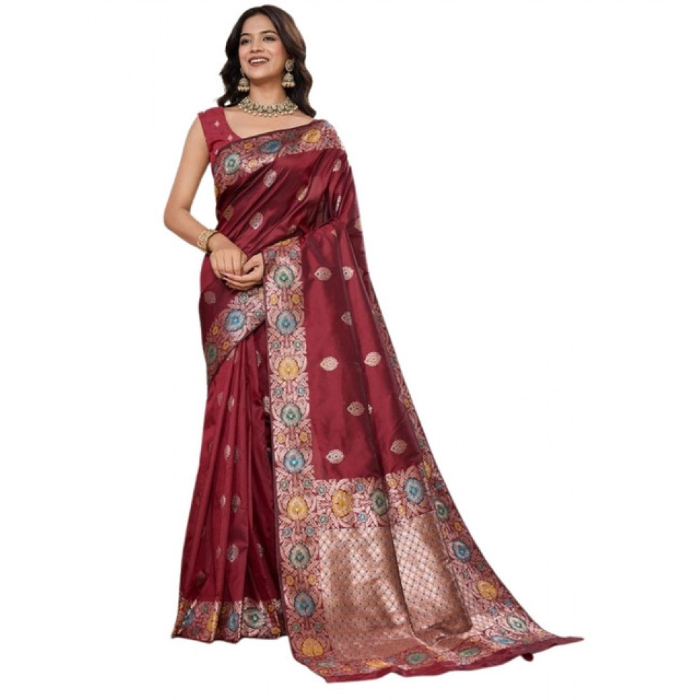 Women's Faux_Banarasi_Silk Woven Saree With Unstitched Blouse 5.5Mtr (Maroon) Women's Faux_Banarasi_Silk Woven Saree With Unstitched Blouse 5.5Mtr (Maroon)
