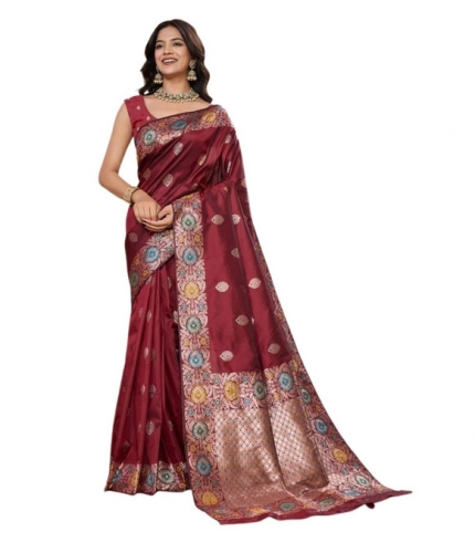 Women's Faux_Banarasi_Silk Woven Saree With Unstitched Blouse 5.5Mtr (Maroon) Women's Faux_Banarasi_Silk Woven Saree With Unstitched Blouse 5.5Mtr (Maroon)