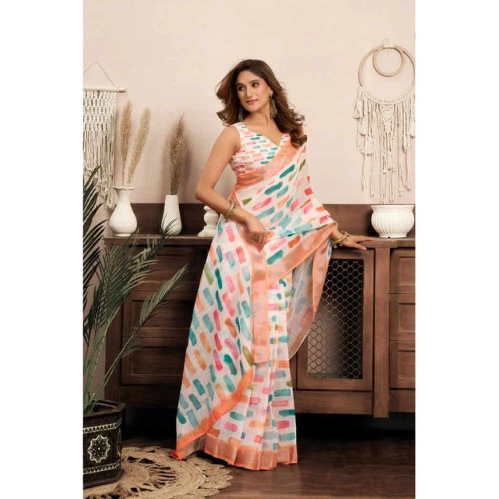 Women's Linen Cotton Printed Ready To Wear With Pocket Saree With Unstitched Blouse 5.5 Mtr (Multicolor)