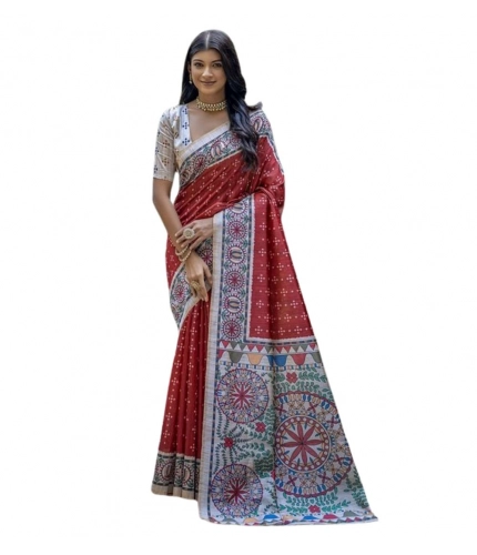 Women's Faux_Tussar Geometric_Print Saree With Unstitched Blouse 5.5Mtr (Red)