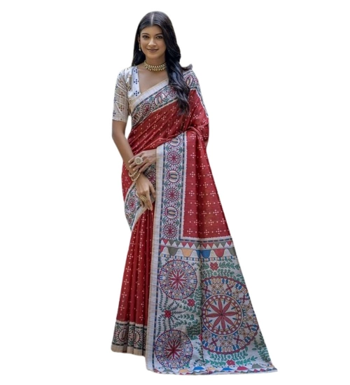 Women's Faux_Tussar Geometric_Print Saree With Unstitched Blouse 5.5Mtr (Red) Women's Faux_Tussar Geometric_Print Saree With Unstitched Blouse 5.5Mtr (Red)