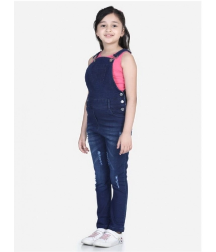 Girl's Denim Distressed Buttoned Dungaree (Blue)