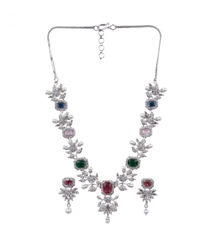 Women's Brass Silver Plated Necklace set (Multicolor)