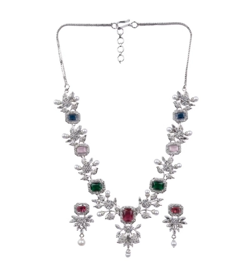 Women's Brass Silver Plated Necklace set (Multicolor)