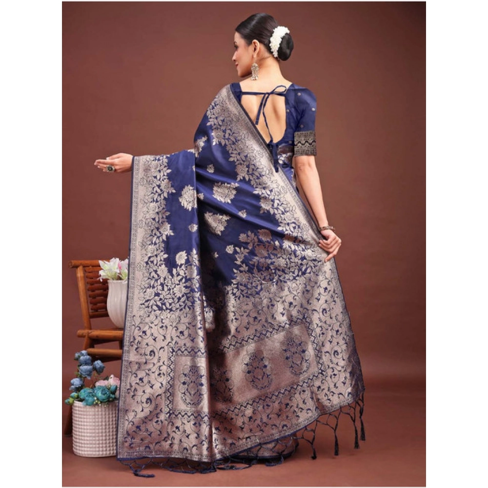 Women's Banarasi Silk Printed Saree With Unstitched Blouse 5.5Mtr (Navy Blue) Women's Banarasi Silk Printed Saree With Unstitched Blouse 5.5Mtr (Navy Blue)