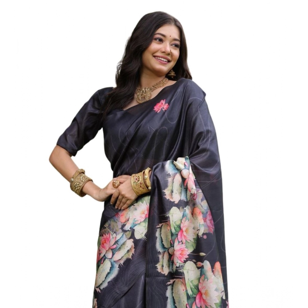 Women's Faux_Tussar Floral Saree With Unstitched Blouse 5.5Mtr (Black) Women's Faux_Tussar Floral Saree With Unstitched Blouse 5.5Mtr (Black)