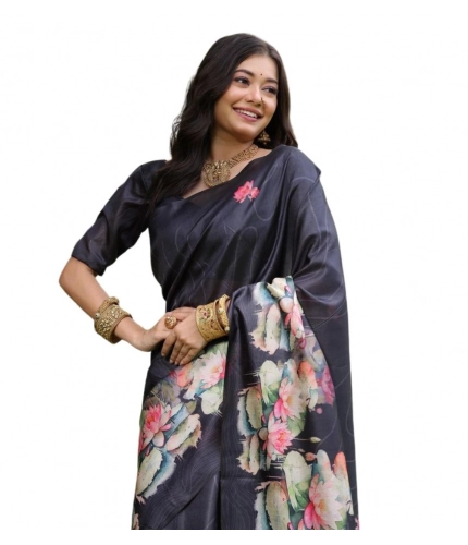 Women's Faux_Tussar Floral Saree With Unstitched Blouse 5.5Mtr (Black)