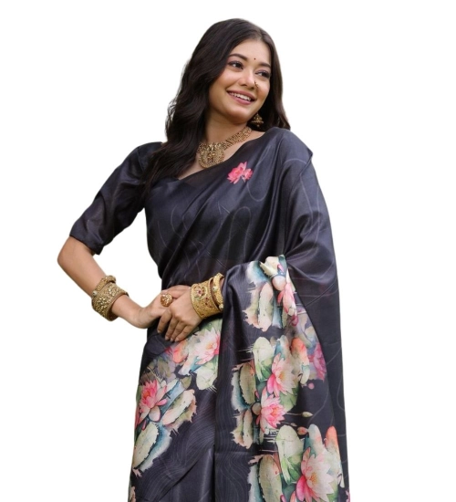 Women's Faux_Tussar Floral Saree With Unstitched Blouse 5.5Mtr (Black)
