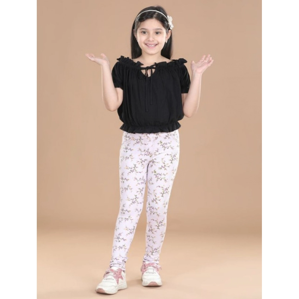 Girl's Cotton Lycra Floral Elasticated Jeggings (Multicolor) Girl's Cotton Lycra Floral Elasticated Jeggings (Multicolor)