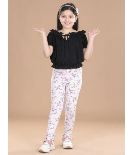 Girl's Cotton Lycra Floral Elasticated Jeggings (Multicolor)