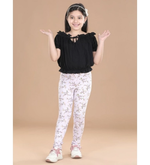 Girl's Cotton Lycra Floral Elasticated Jeggings (Multicolor)