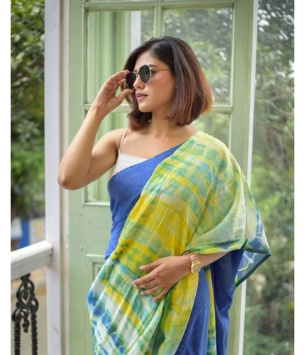Women's Linen Printed Saree With Unstitched Blouse 5.5Mtr (Blue) Women's Linen Printed Saree With Unstitched Blouse 5.5Mtr (Blue)