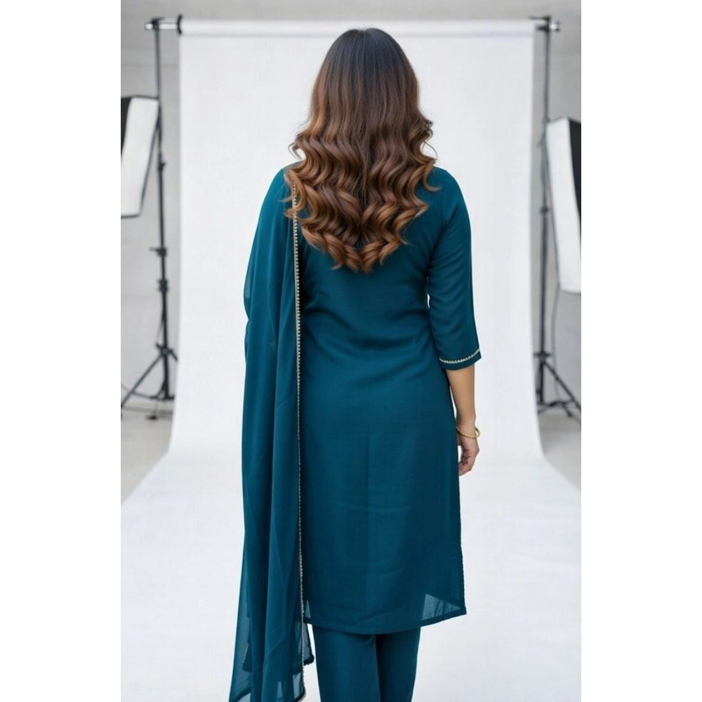 Women's Georgette Ethnic Motif Round 3/4th Sleeve Kurti With Pant Dupatta Set (Teal)