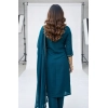 Women's Georgette Ethnic Motif Round 3/4th Sleeve Kurti With Pant Dupatta Set (Teal)