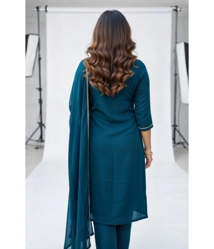 Women's Georgette Ethnic Motif Round 3/4th Sleeve Kurti With Pant Dupatta Set (Teal)