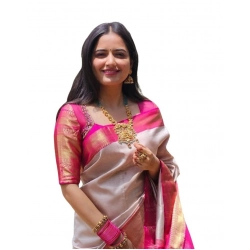 Women's Soft Lichi Silk Printed Saree With Unstitched Blouse 5.5Mtr (Grey)