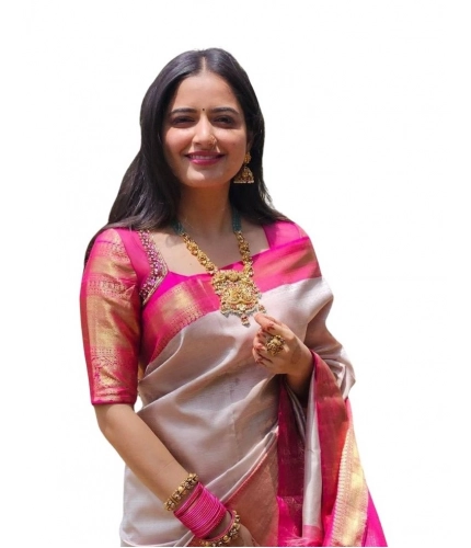 Women's Soft Lichi Silk Printed Saree With Unstitched Blouse 5.5Mtr (Grey)