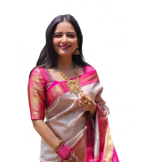 Women's Soft Lichi Silk Printed Saree With Unstitched Blouse 5.5Mtr (Grey)