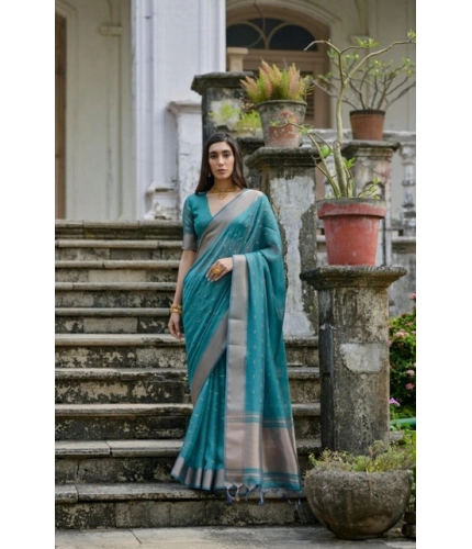 Women's Silk_Blend Butti Pattern Saree With Unstitched Blouse 5.5Mtr (Teal)