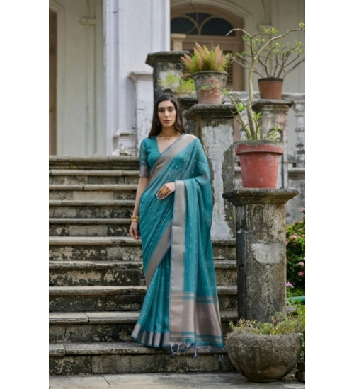 Women's Silk_Blend Butti Pattern Saree With Unstitched Blouse 5.5Mtr (Teal)