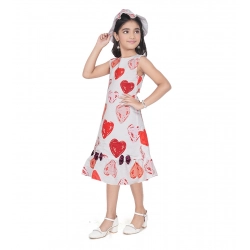 Girl's Popcorn Printed Sleeve Less Round Neck Dress (Red)