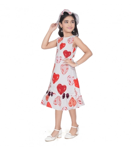 Girl's Popcorn Printed Sleeve Less Round Neck Dress (Red)