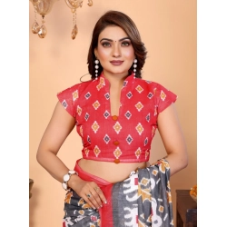 Women's Linen Cotton Printed Saree With Unstitched Blouse 5.5Mtr (Grey)
