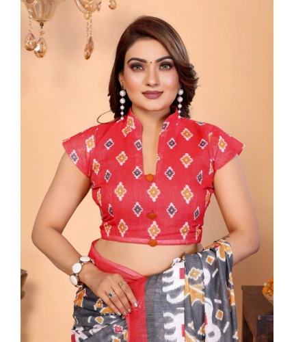 Women's Linen Cotton Printed Saree With Unstitched Blouse 5.5Mtr (Grey)