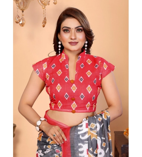Women's Linen Cotton Printed Saree With Unstitched Blouse 5.5Mtr (Grey)