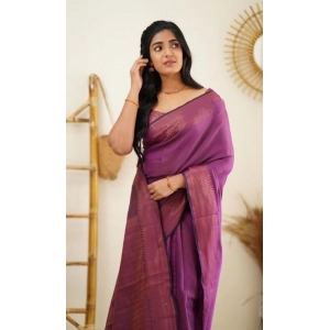 Generic Women's Litchi silk Printed Saree With Unstitched Blouse (Purple)