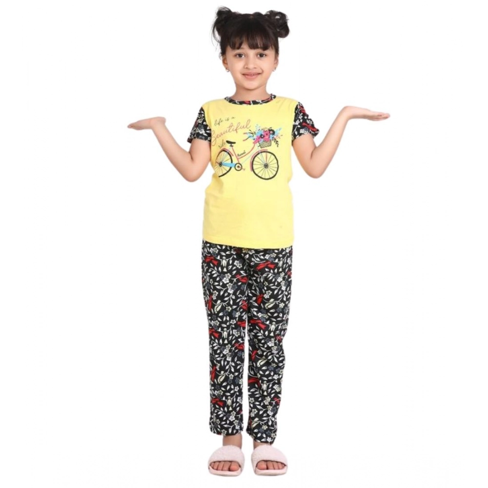 Girl's Cotton Hosiery Printed Night Suit Set (Yellow-Black) Girl's Cotton Hosiery Printed Night Suit Set (Yellow-Black)