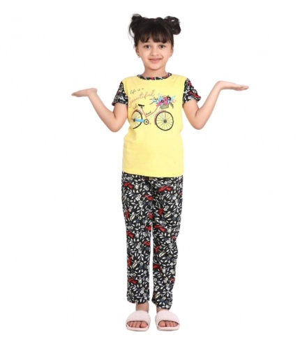 Girl's Cotton Hosiery Printed Night Suit Set (Yellow-Black)