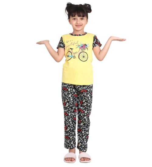 Girl's Cotton Hosiery Printed Night Suit Set (Yellow-Black)